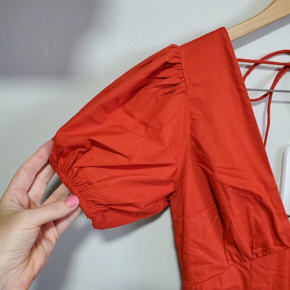 NWT ABERCROMBIE & FITCH Puff Sleeve Slim Poplin Midi Dress V-Neck Red Women's XS - Picture 3 of 16